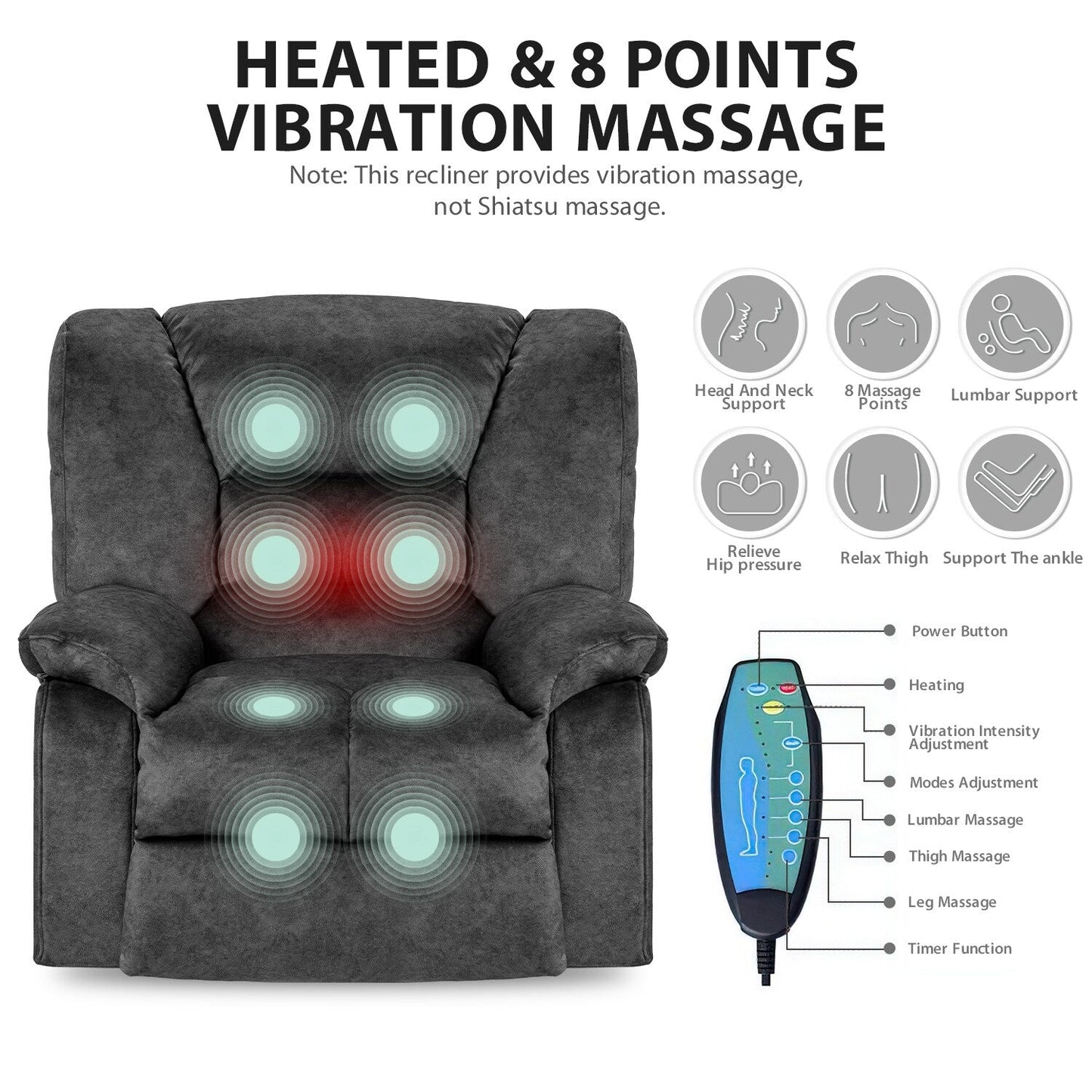 Poltrona reclinabile extra larga grigia con massaggio completo del corpo e riscaldamento lombare - Telaio resistente, reclinazione regolabile
