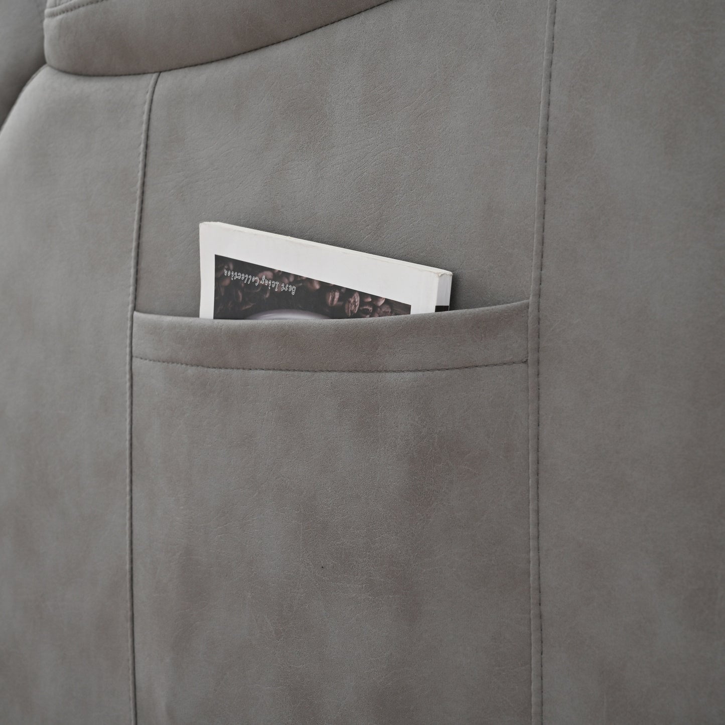 Poltrona reclinabile elettrica in tessuto grigio per anziani, con telecomando, cuscino imbottito, tasca laterale e struttura resistente