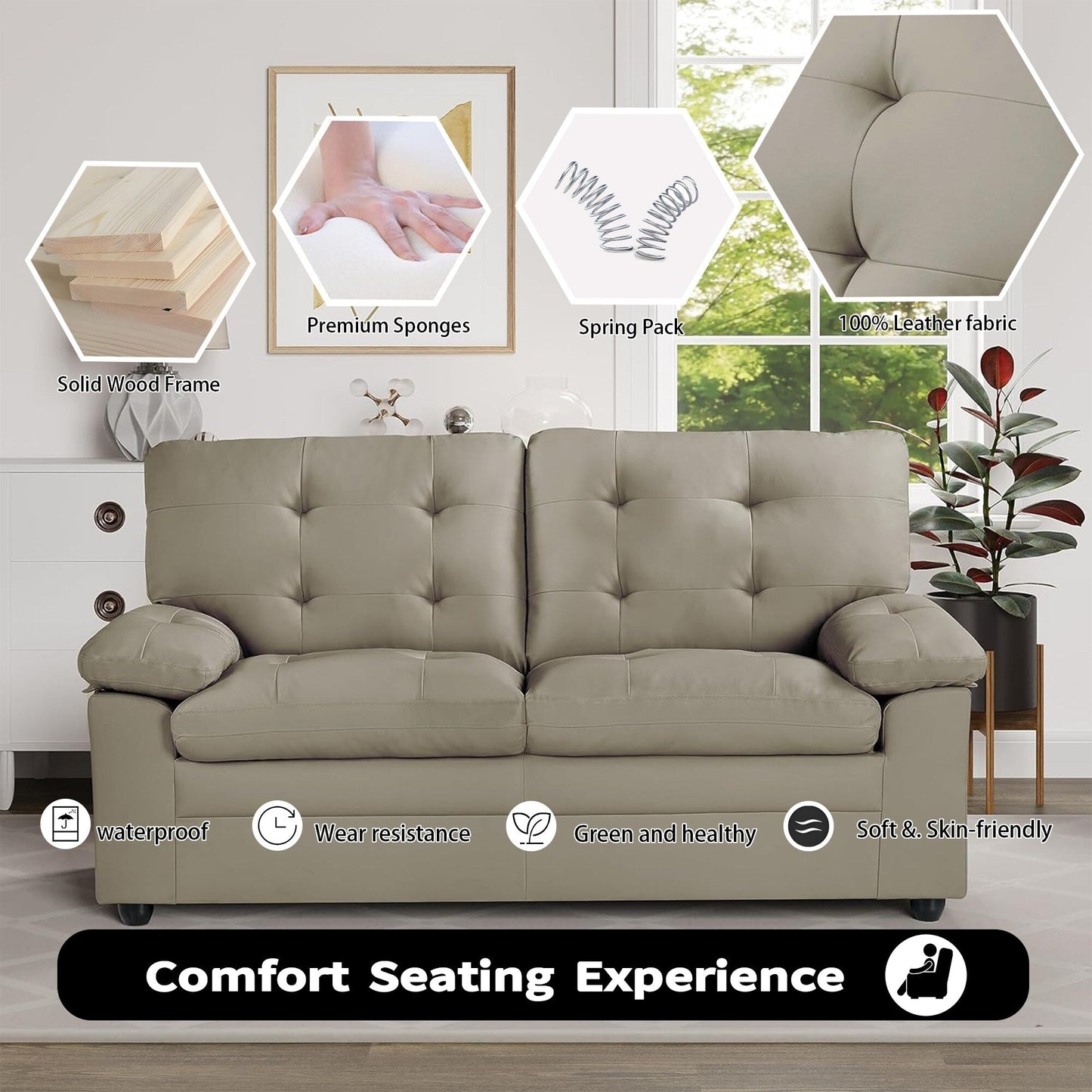 Divano da appartamento trapuntato a 3 posti in similpelle grigia