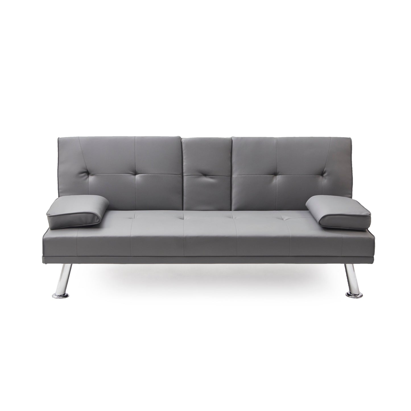 Divano letto a due posti in similpelle grigia con portabicchieri