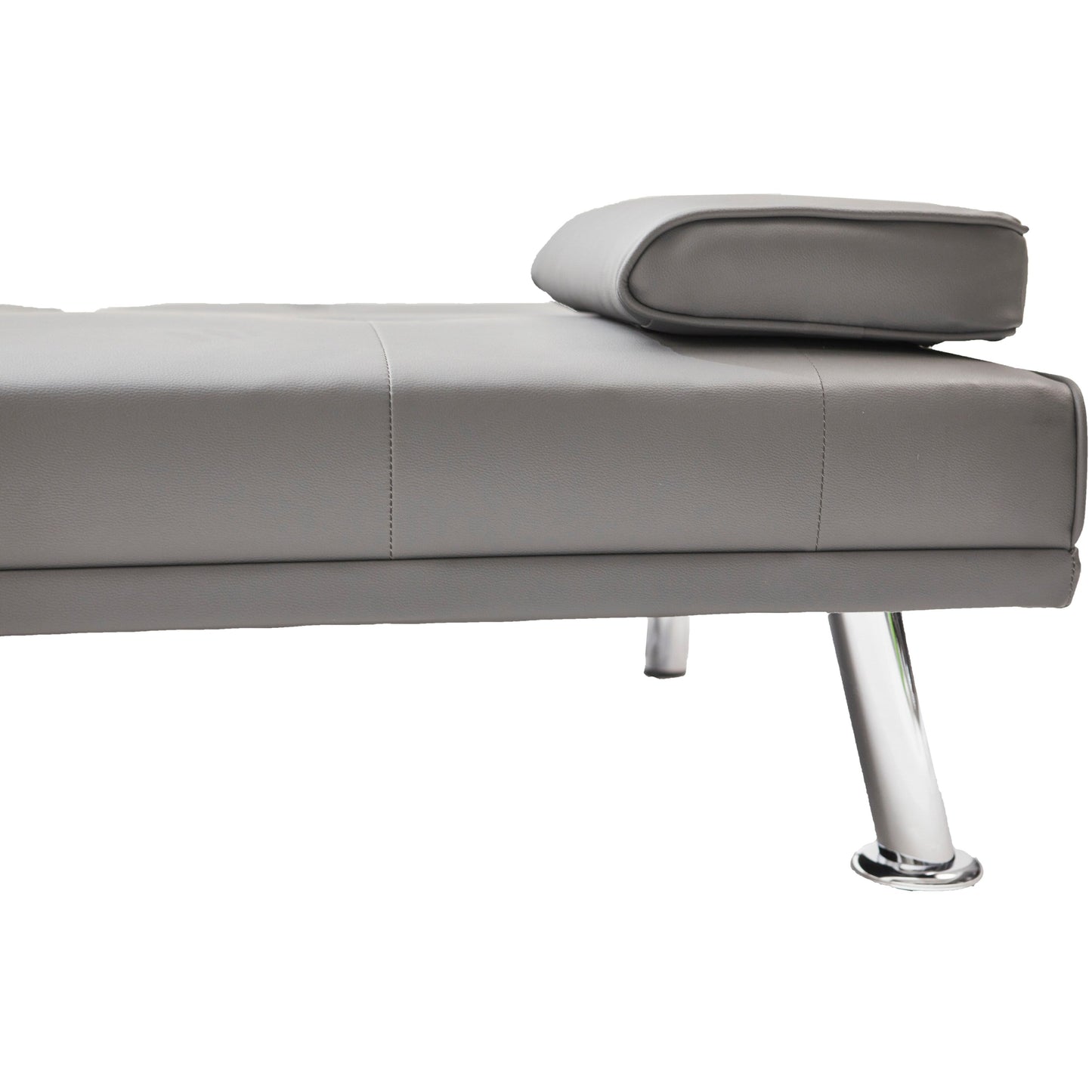 Divano letto a due posti in similpelle grigia con portabicchieri