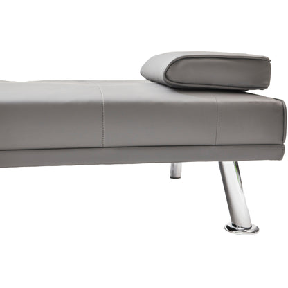 Divano letto a due posti in similpelle grigia con portabicchieri