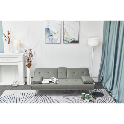 Divano letto a due posti in similpelle grigia con portabicchieri