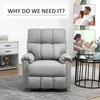 Poltrona reclinabile a dondolo in pelle grigia con rotazione a 360°, comfort imbottito e poggiapiedi, funzione di reclinazione manuale per soggiorno