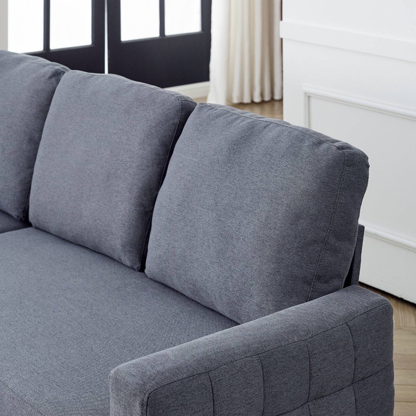 Divano componibile in lino grigio da 78,8'' con chaise longue reversibile, vano portaoggetti e seduta in schiuma ad alta densità