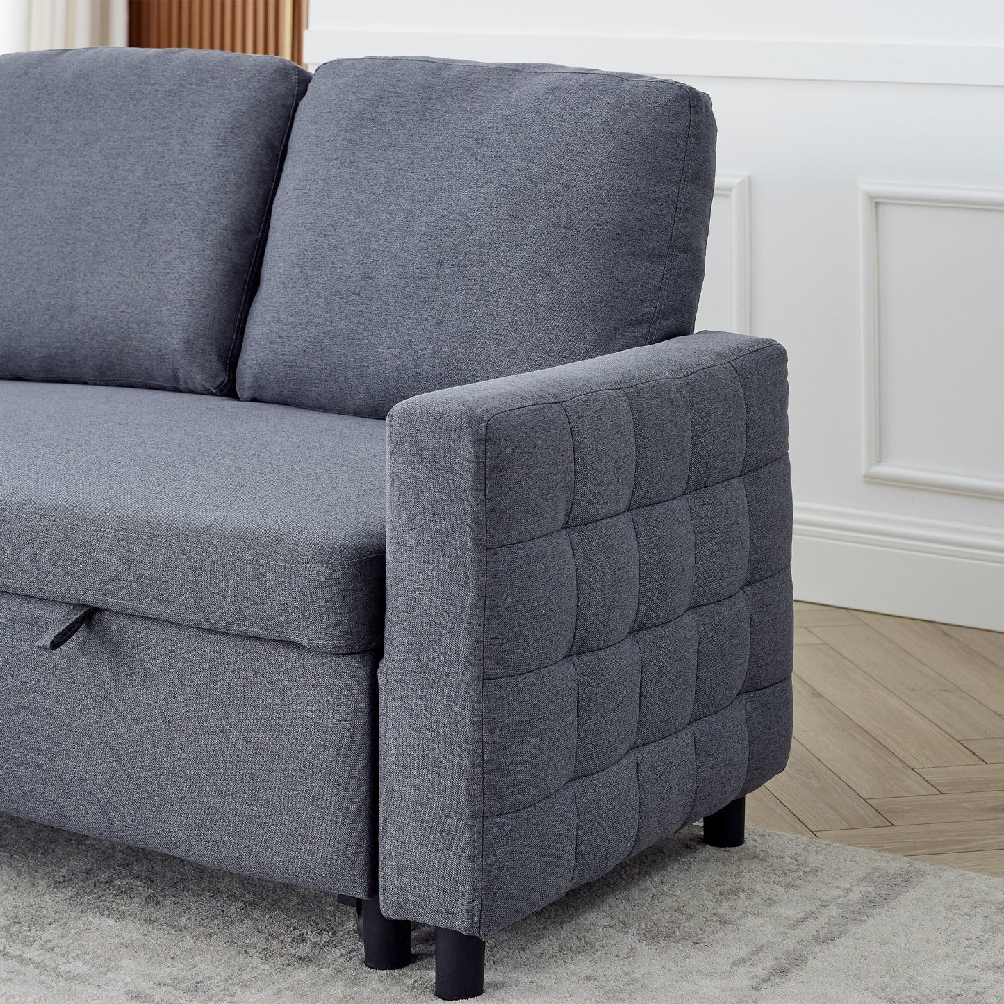 Divano componibile in lino grigio da 78,8'' con chaise longue reversibile, vano portaoggetti e seduta in schiuma ad alta densità