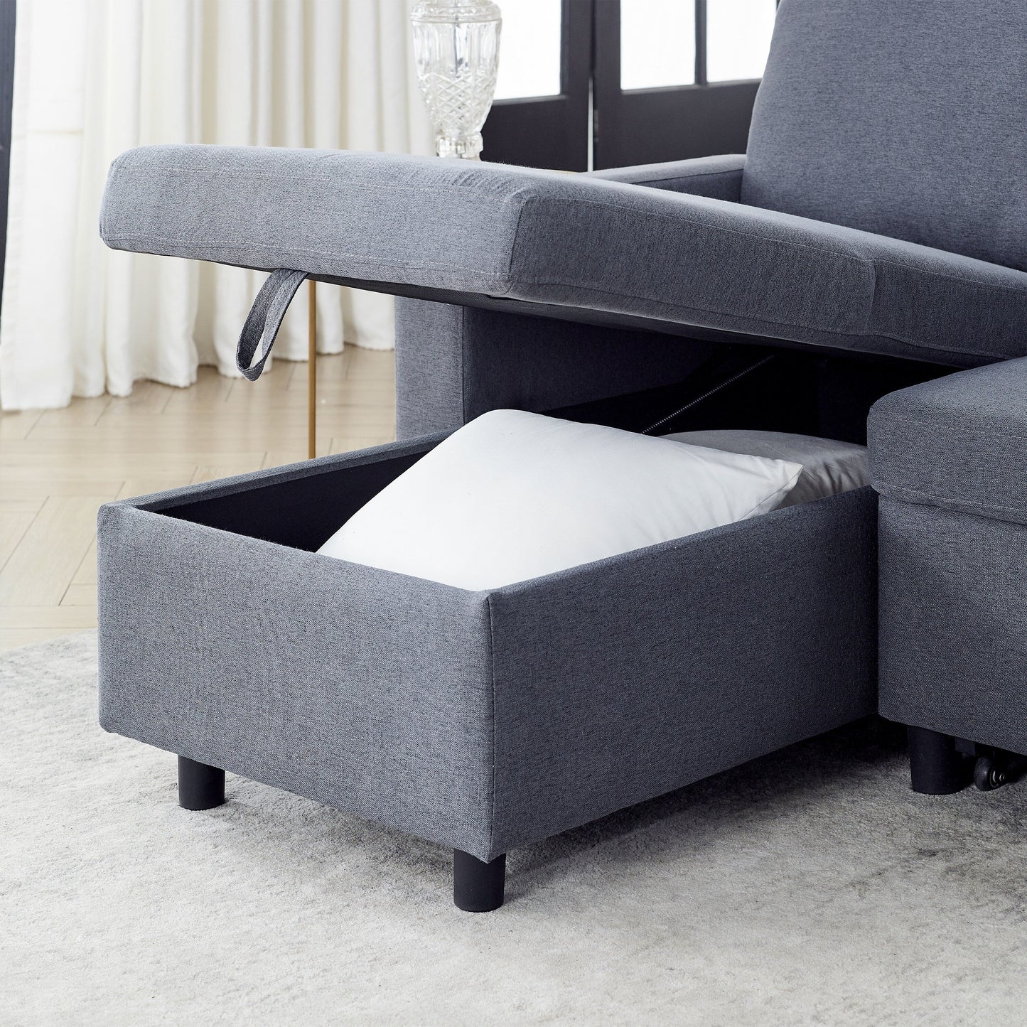 Divano componibile in lino grigio da 78,8'' con chaise longue reversibile, vano portaoggetti e seduta in schiuma ad alta densità
