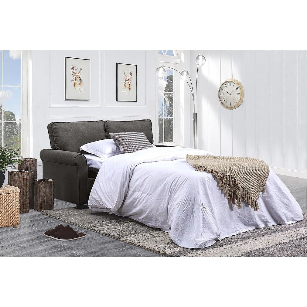 Divano letto a due posti in lino grigio con materasso in memory foam