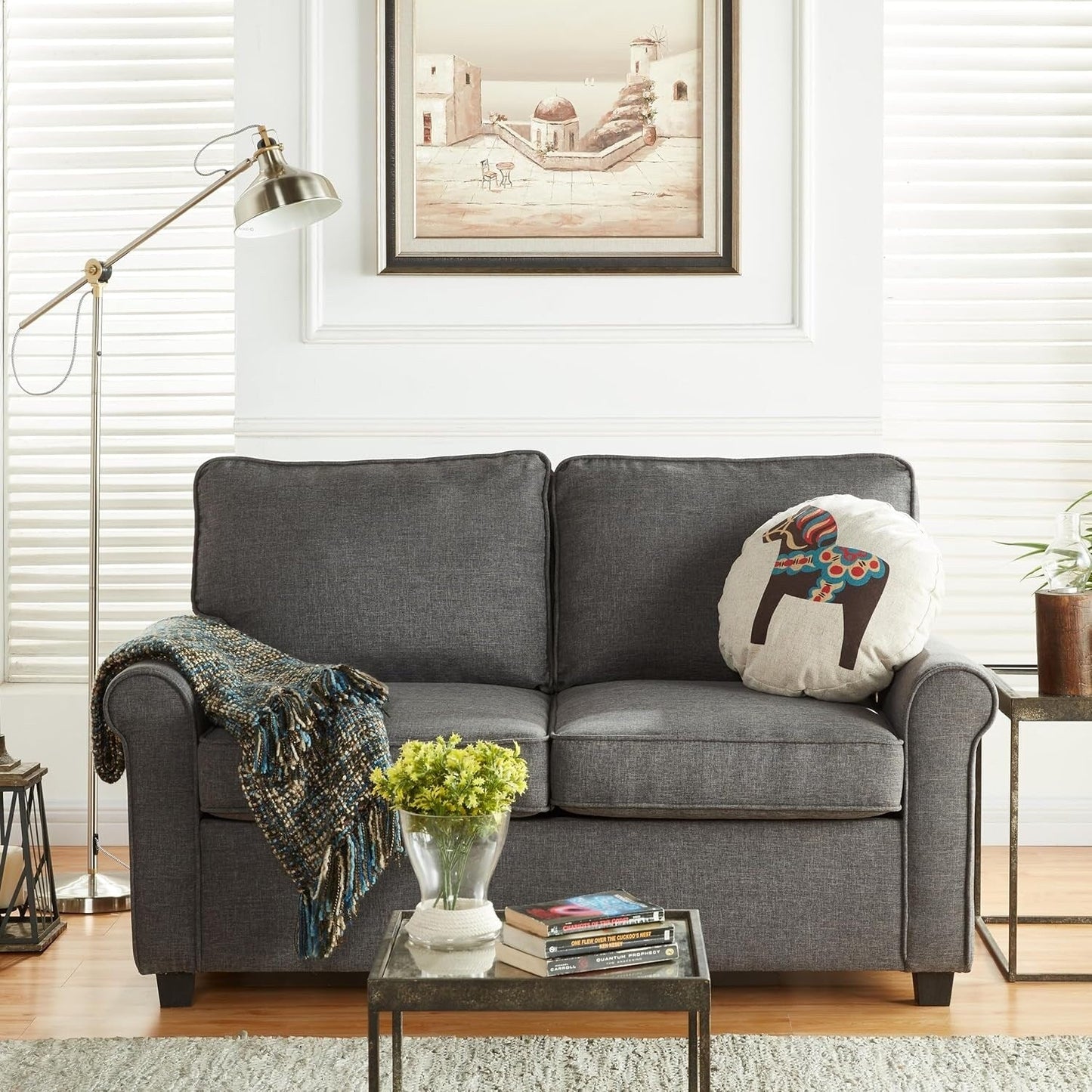 Divano letto a due posti in lino grigio con materasso in memory foam