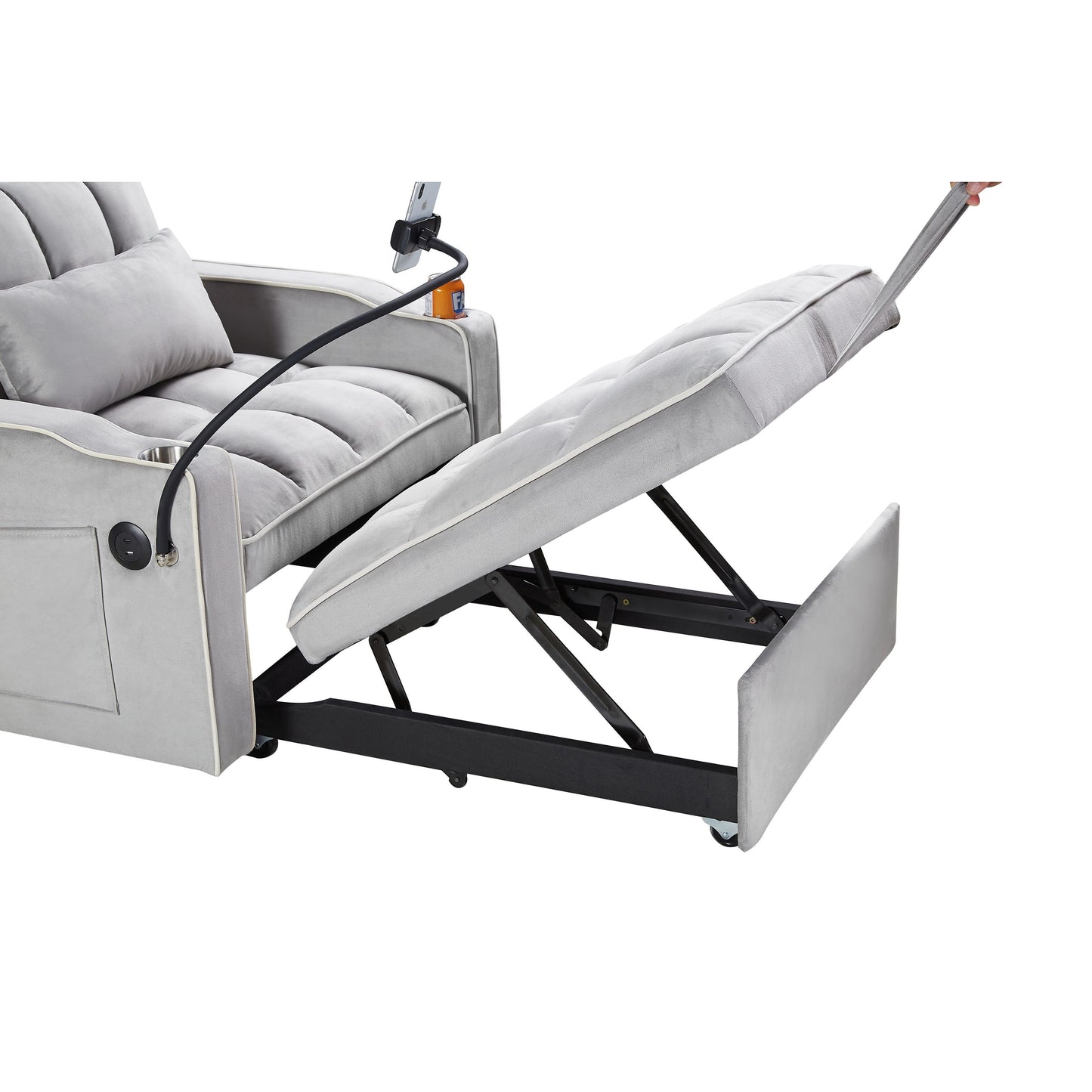 Divano letto singolo convertibile in velluto 3 in 1 grigio moderno da 35,83 cm con schienale regolabile e porta di ricarica USB per soggiorno