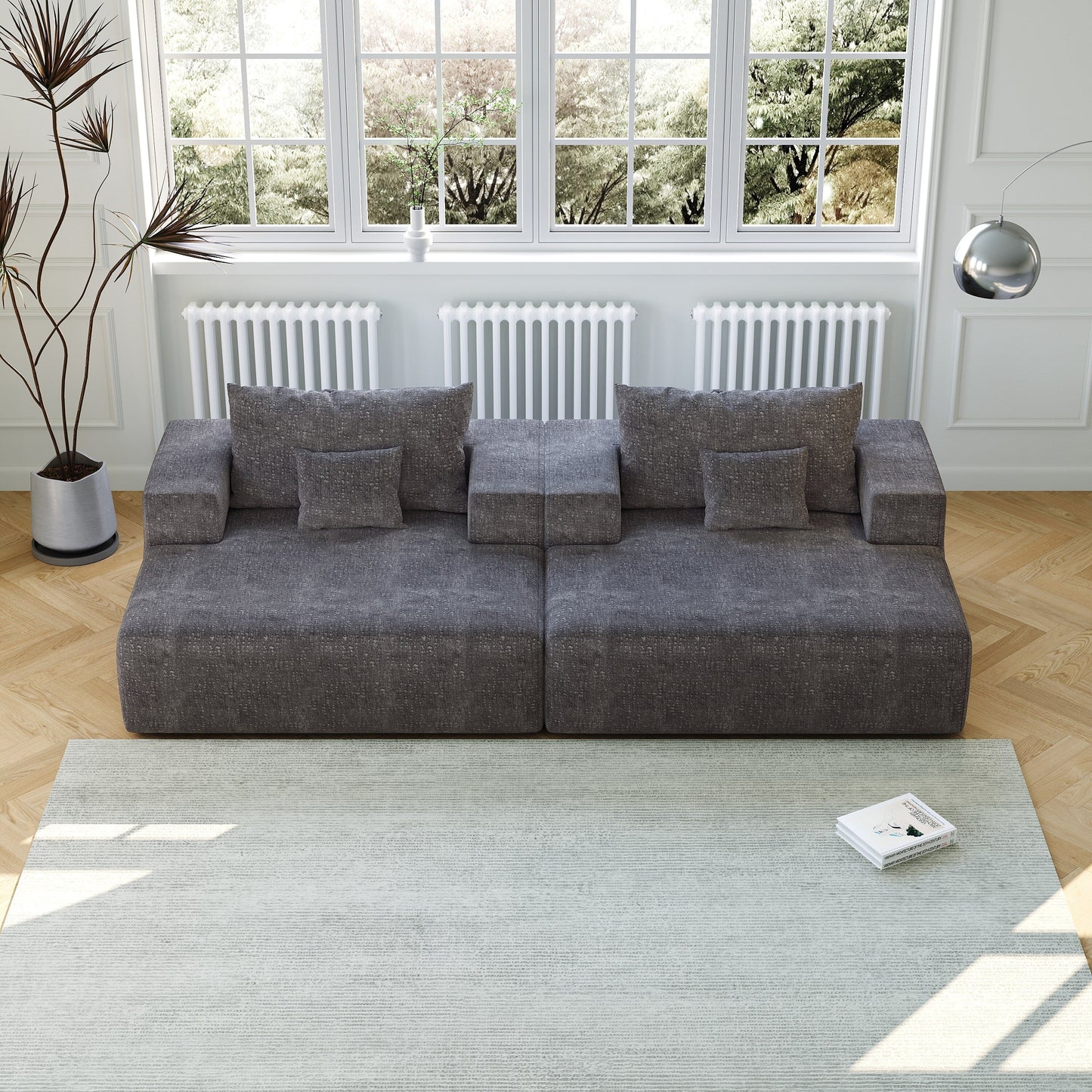 Divano letto singolo moderno grigio da 55 pollici in ciniglia e spugna con cuscino per schienale per soggiorno