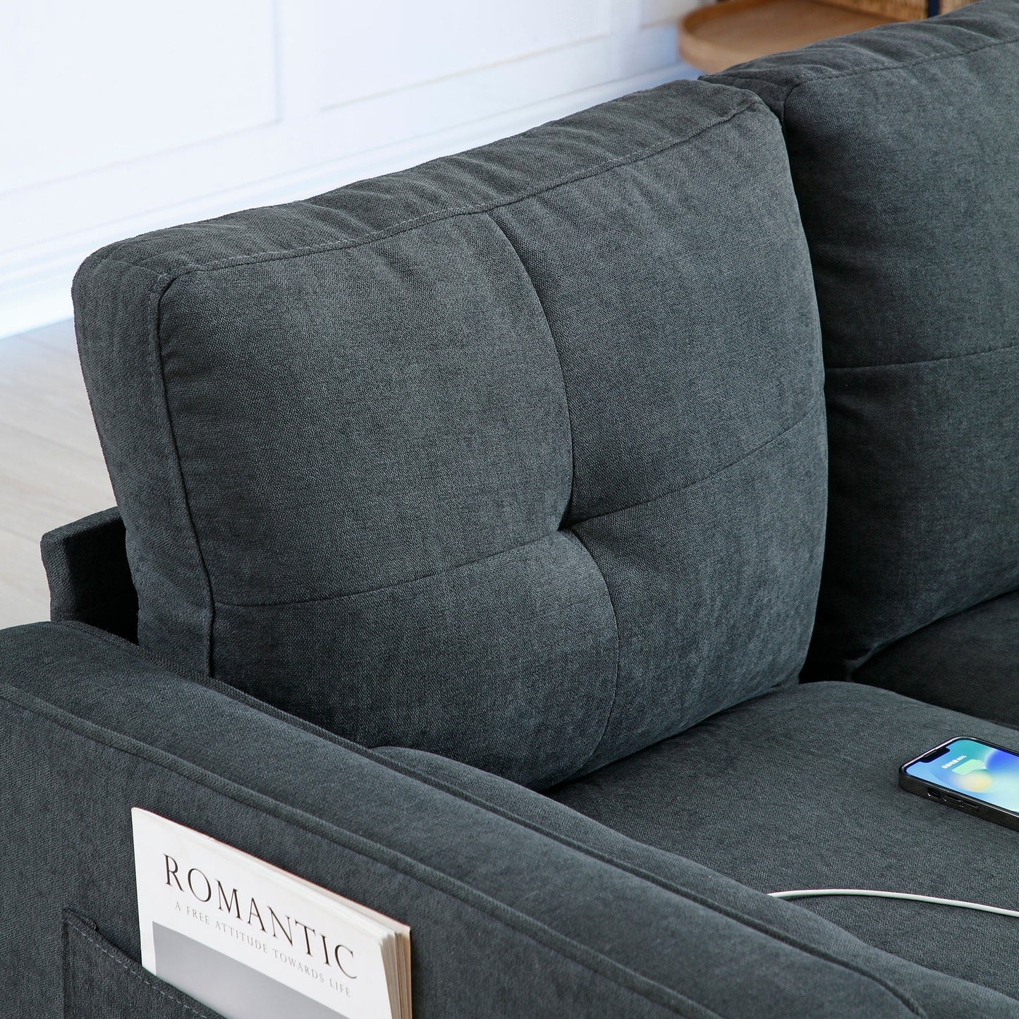 Divano a due posti in lino grigio moderno da 57,87 pollici con luci a LED e 2 porte USB per soggiorno