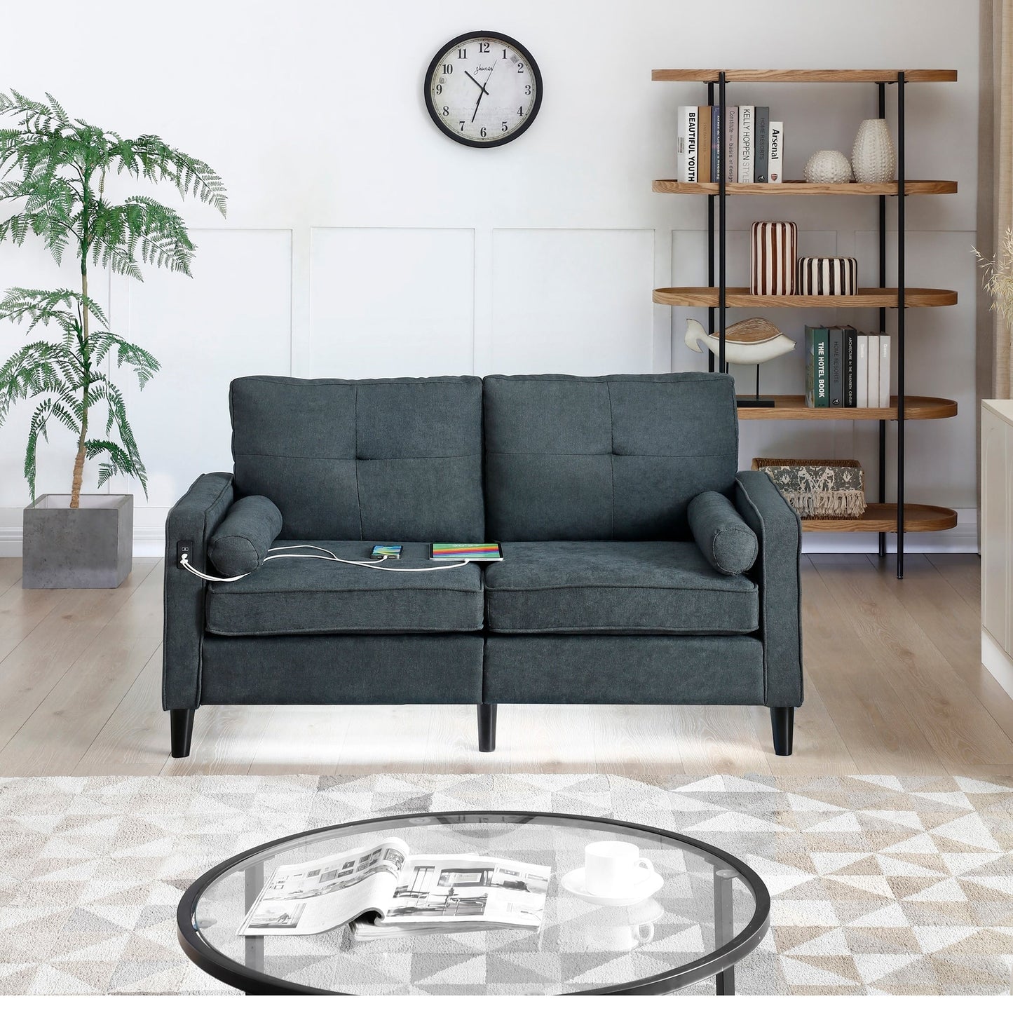 Divano a due posti in lino grigio moderno da 57,87 pollici con luci a LED e 2 porte USB per soggiorno