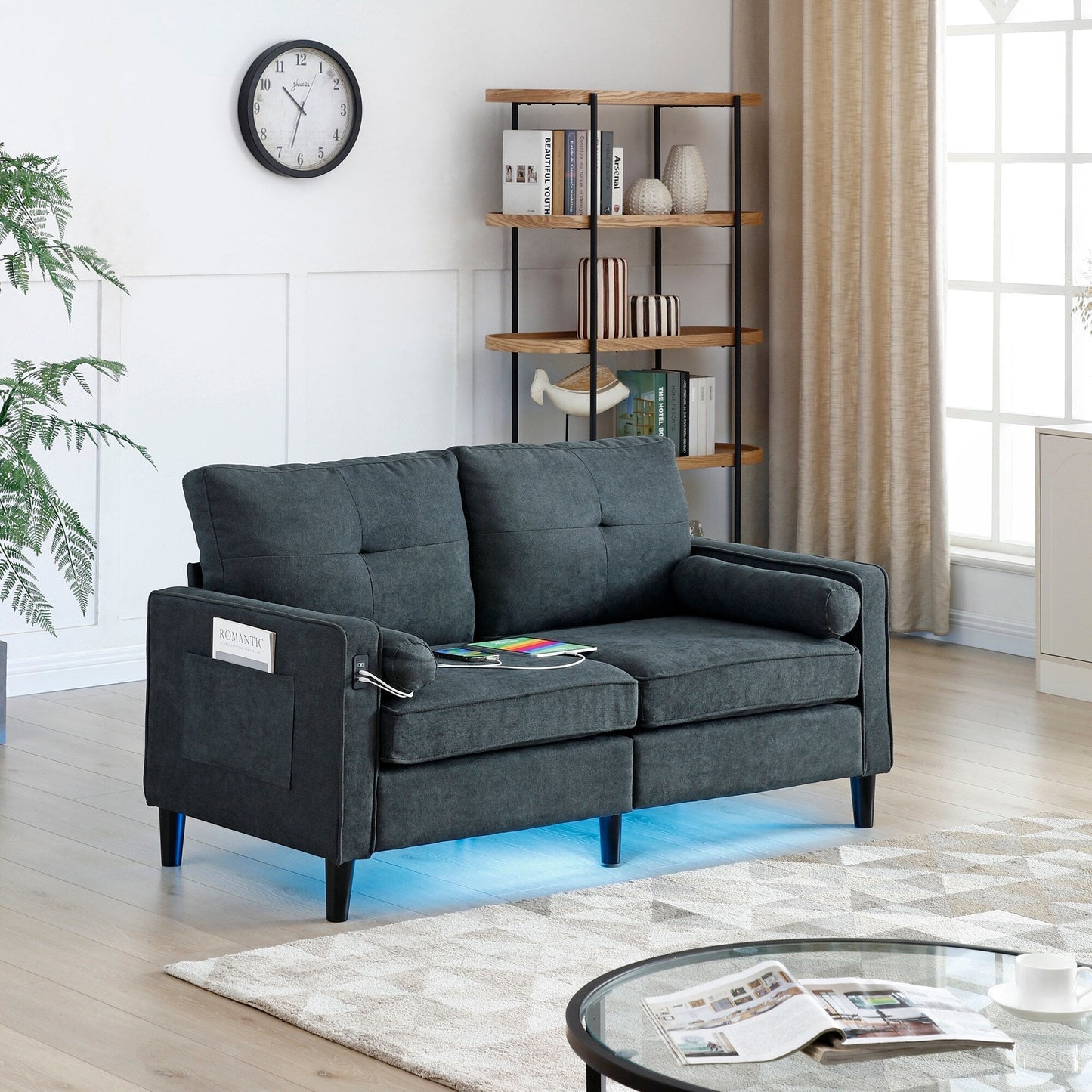 Divano a due posti in lino grigio moderno da 57,87 pollici con luci a LED e 2 porte USB per soggiorno