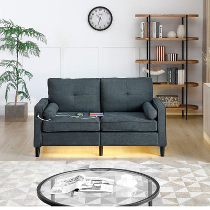 Divano a due posti in lino grigio moderno da 57,87 pollici con luci a LED e 2 porte USB per soggiorno