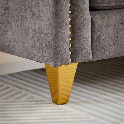 Divano moderno grigio 61,5 in ciniglia a 3 posti con bottoni trapuntati, bracciolo decorato con chiodi in rame e 2 cuscini per soggiorno