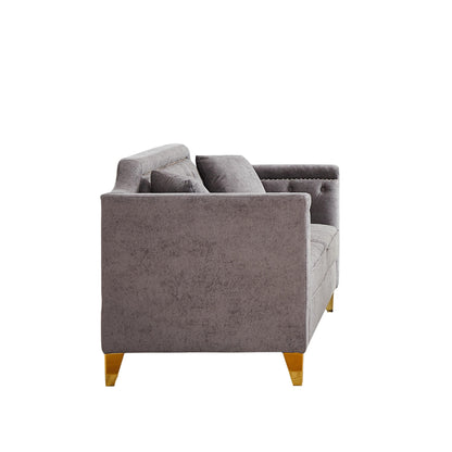 Divano moderno grigio 61,5 in ciniglia a 3 posti con bottoni trapuntati, bracciolo decorato con chiodi in rame e 2 cuscini per soggiorno