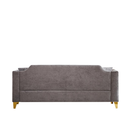 Divano moderno grigio 61,5 in ciniglia a 3 posti con bottoni trapuntati, bracciolo decorato con chiodi in rame e 2 cuscini per soggiorno