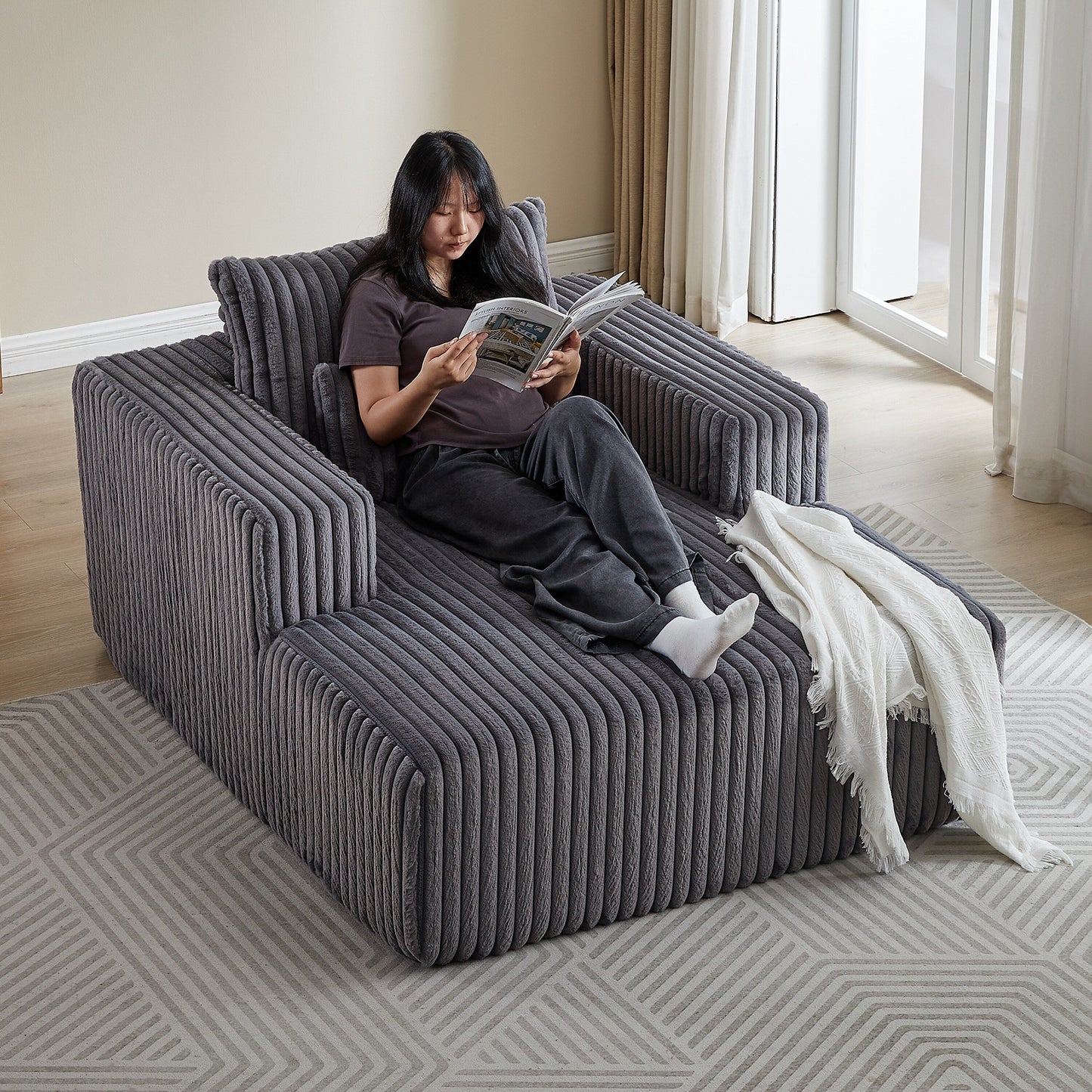 Poltrona lounge moderna in velluto a coste grigio da 62,5 pollici con 2 cuscini per soggiorno