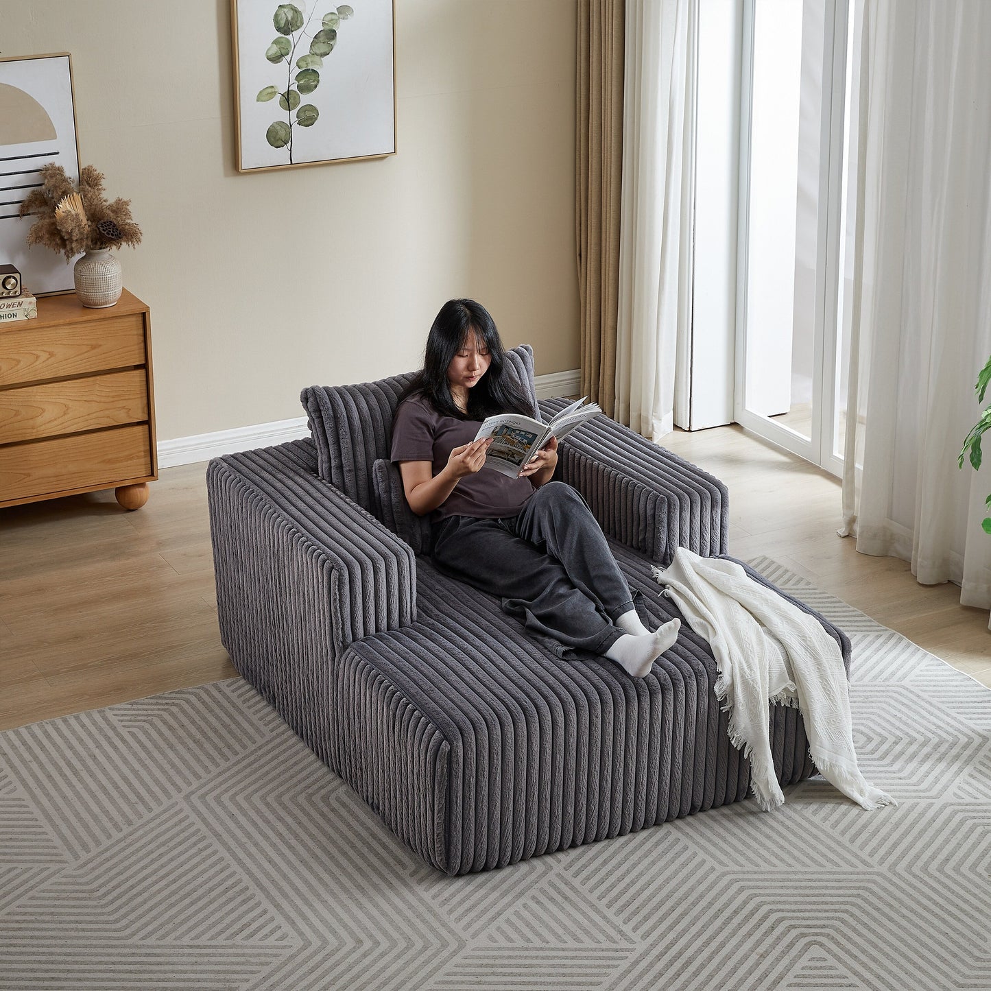 Poltrona lounge moderna in velluto a coste grigio da 62,5 pollici con 2 cuscini per soggiorno