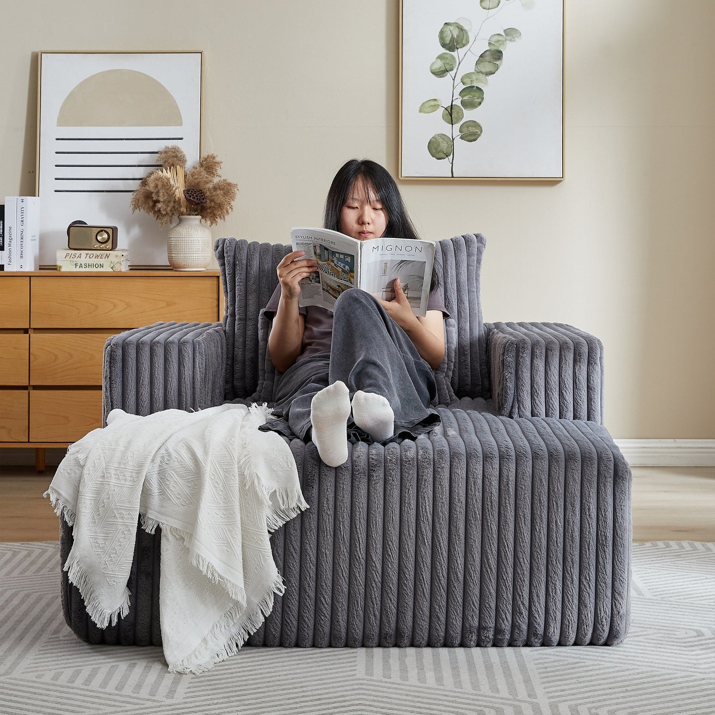 Poltrona lounge moderna in velluto a coste grigio da 62,5 pollici con 2 cuscini per soggiorno