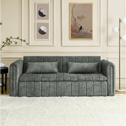 Divano letto estraibile 3 in 1 moderno grigio 68 in schiuma con chiodi in rame e due cassetti