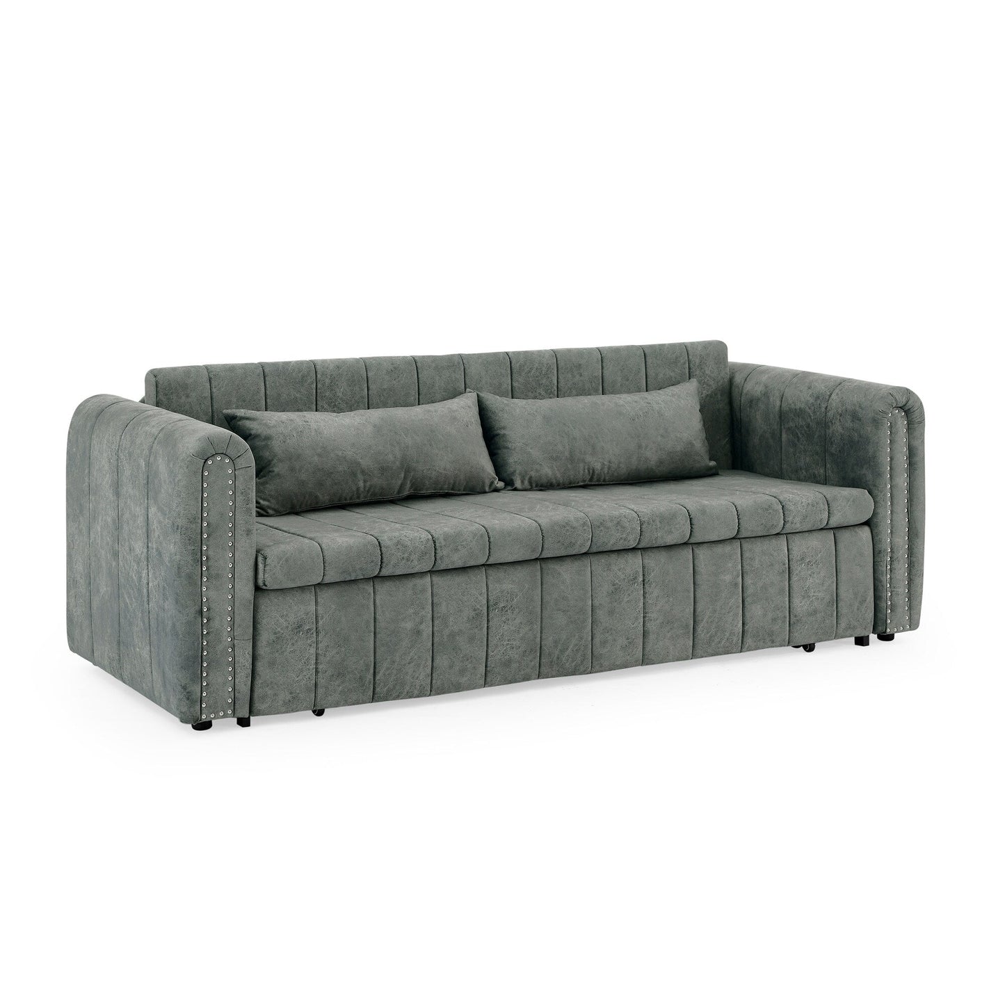Divano letto estraibile 3 in 1 moderno grigio 68 in schiuma con chiodi in rame e due cassetti