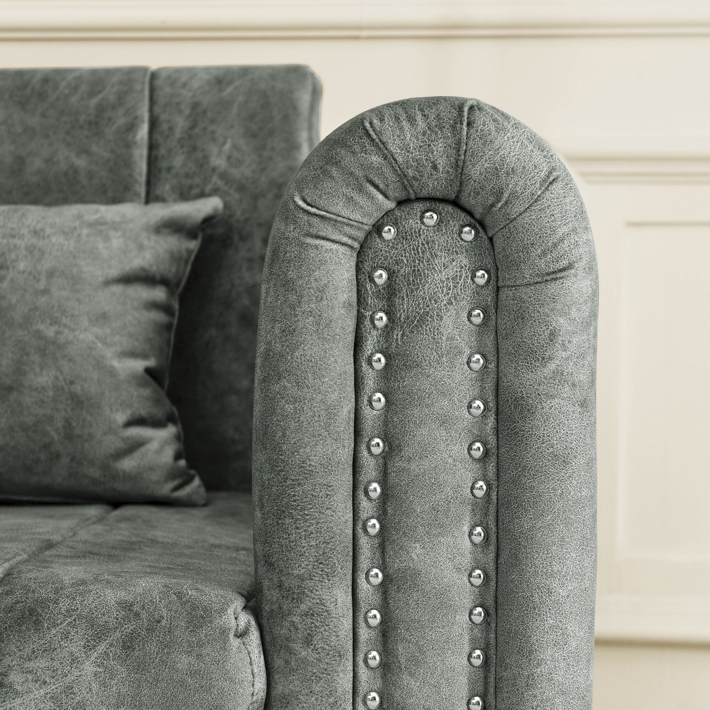 Divano letto estraibile 3 in 1 moderno grigio 68 in schiuma con chiodi in rame e due cassetti