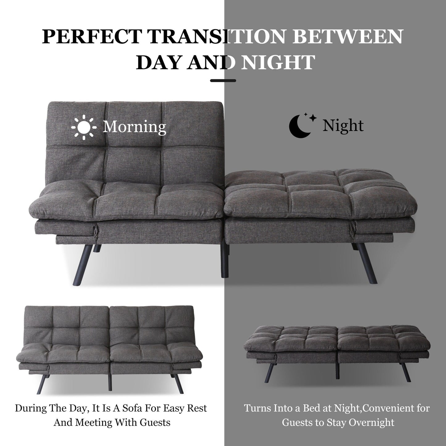 Divano letto trasformabile moderno grigio da 71 posti con schienali e braccioli regolabili per soggiorno
