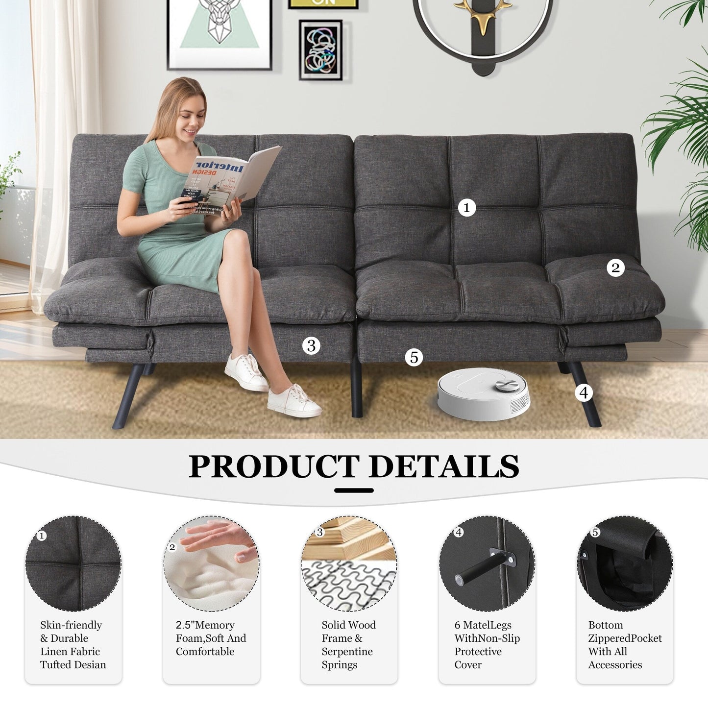 Divano letto trasformabile moderno grigio da 71 posti con schienali e braccioli regolabili per soggiorno