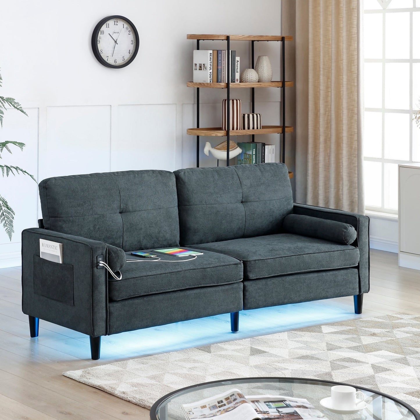 Divano moderno grigio 75.2 in lino a 3 posti con luci a LED e 2 porte USB per soggiorno