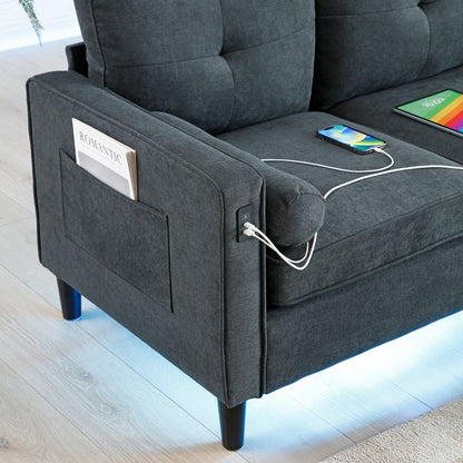 Divano moderno grigio 75.2 in lino a 3 posti con luci a LED e 2 porte USB per soggiorno