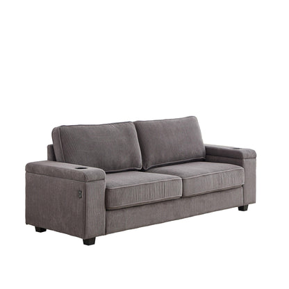 Divano a 3 posti in velluto a coste grigio moderno da 86,5 pollici con due vani portaoggetti, porte di ricarica USB e 2 portabicchieri