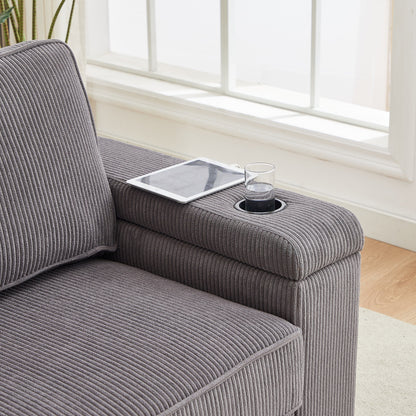 Divano a 3 posti in velluto a coste grigio moderno da 86,5 pollici con due vani portaoggetti, porte di ricarica USB e 2 portabicchieri