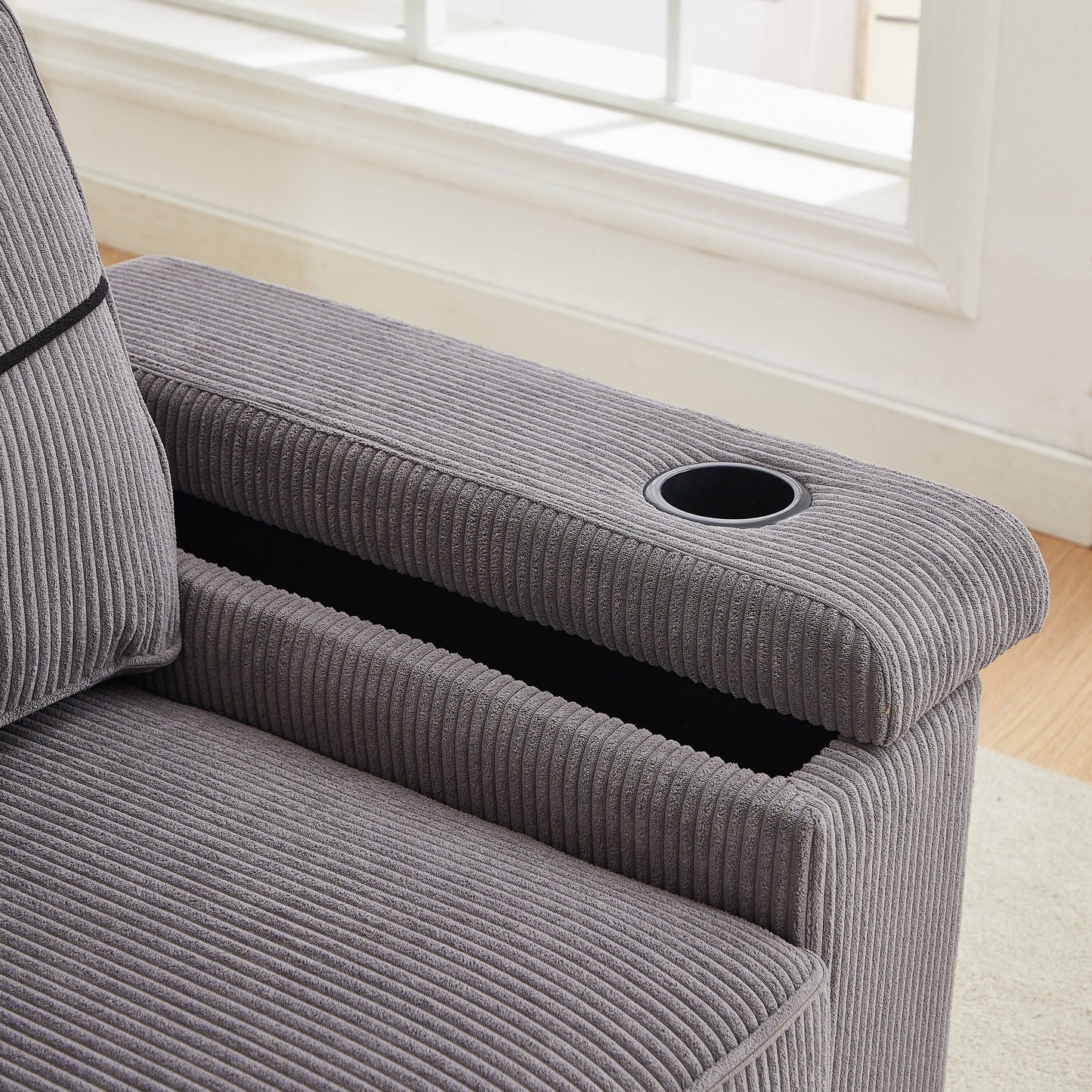 Divano a 3 posti in velluto a coste grigio moderno da 86,5 pollici con due vani portaoggetti, porte di ricarica USB e 2 portabicchieri