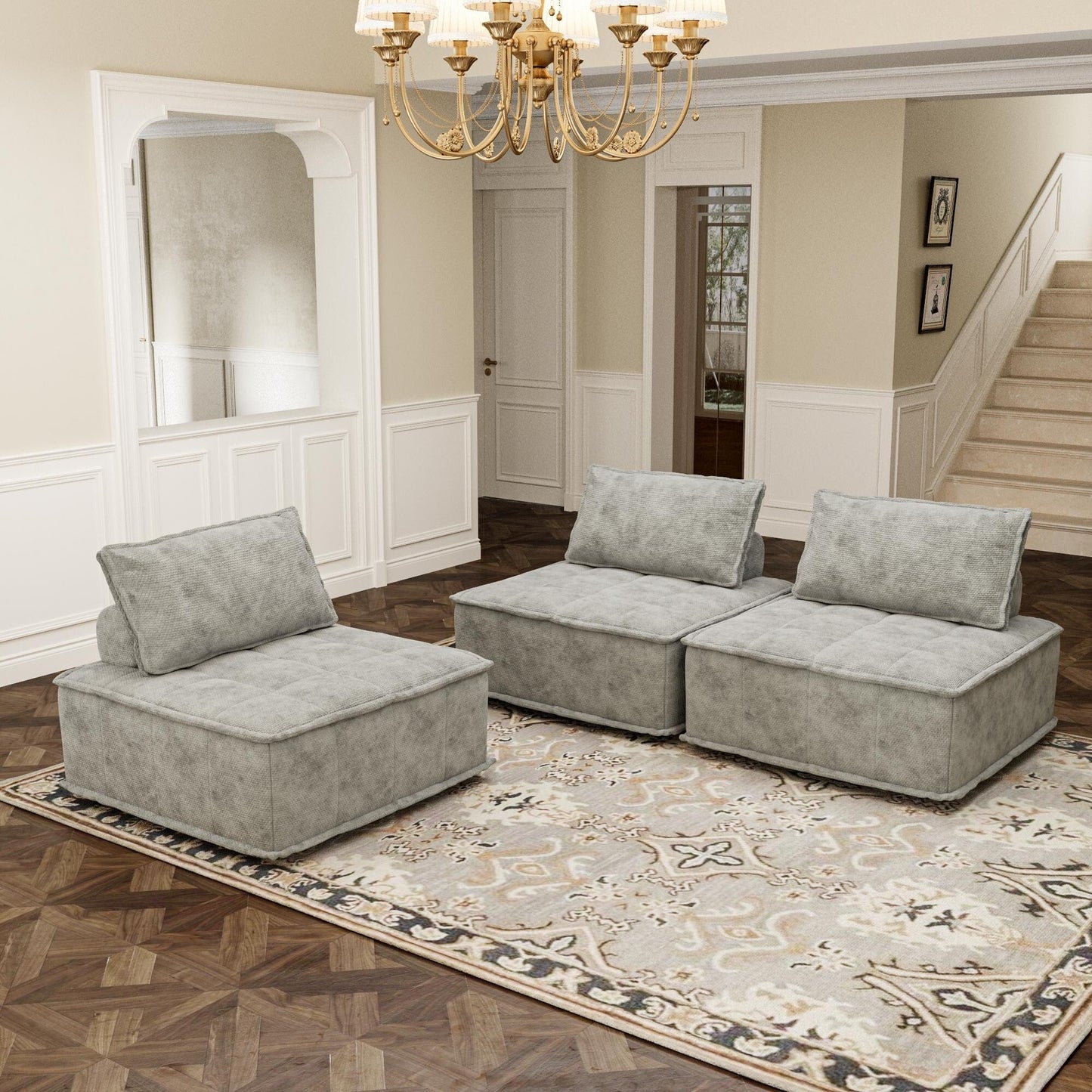 Set di divani modulari quadrati in ciniglia grigio oversize da 3 pezzi con cuscini in schiuma ad alta densità, combinazione libera