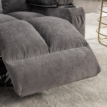 Poltrona reclinabile oversize grigia con massaggio vibrante, riscaldamento, porta USB, doppio portabicchieri e tasche laterali