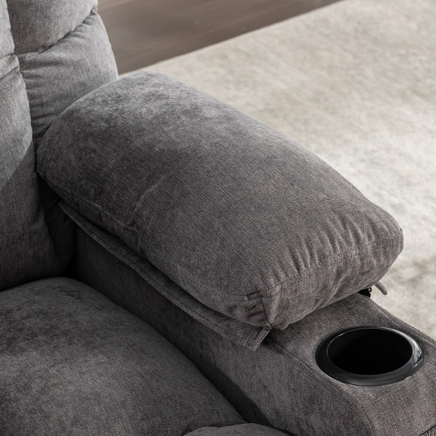 Poltrona reclinabile oversize grigia con massaggio vibrante, riscaldamento, porta USB, doppio portabicchieri e tasche laterali