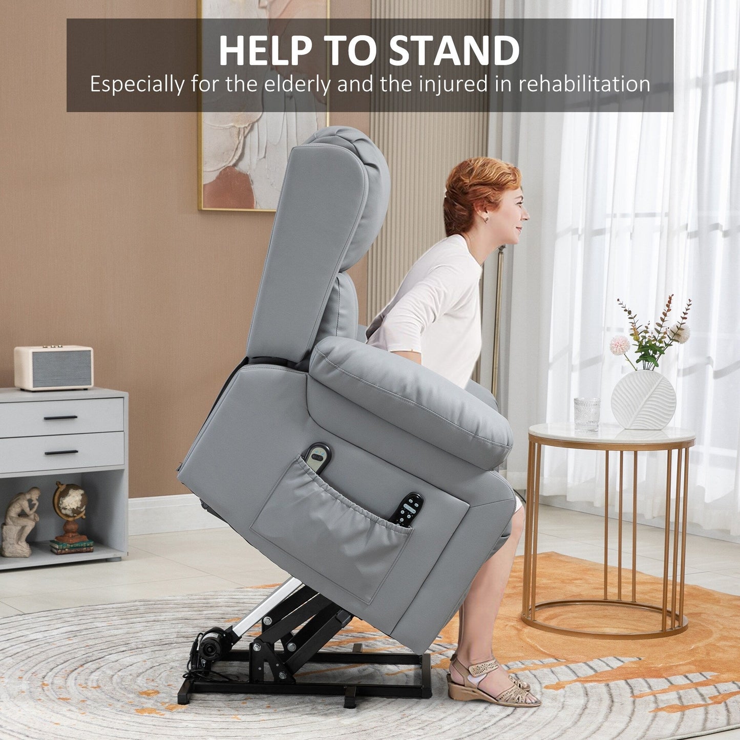 Poltrona reclinabile elettrica in pelle PU grigia con massaggio vibrante e riscaldamento, telecomando e tasche laterali