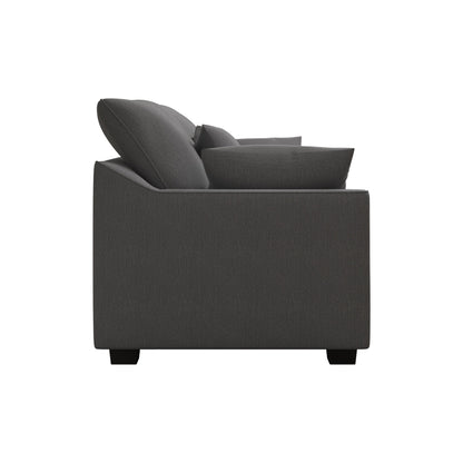 Divano a 3 posti in poliestere grigio con cuscini e gambe in legno