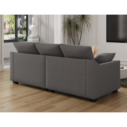 Divano a 3 posti in poliestere grigio con cuscini e gambe in legno