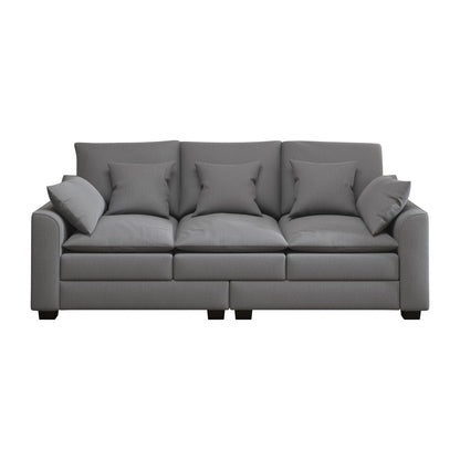 Divano a 3 posti in poliestere grigio con cuscini e gambe in legno