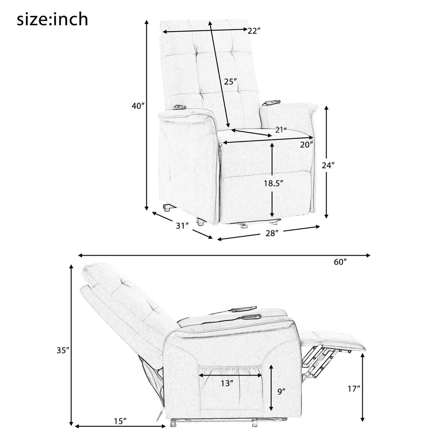 Poltrona reclinabile elettrica grigia per anziani con massaggio regolabile e telecomando