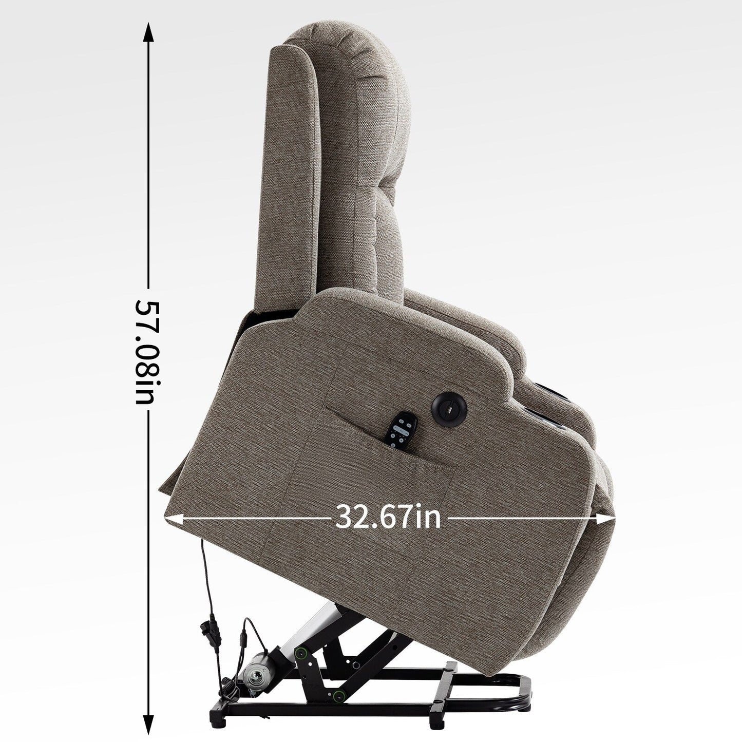 Poltrona reclinabile elettrica grigia con massaggio, riscaldamento, supporto lombare, porta USB, doppio portabicchieri e tasche laterali