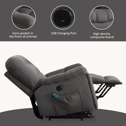 Poltrona reclinabile elettrica grigia con massaggio vibrante, riscaldamento, porta USB, portabicchieri nascosti e tasche laterali, reclinazione regolabile
