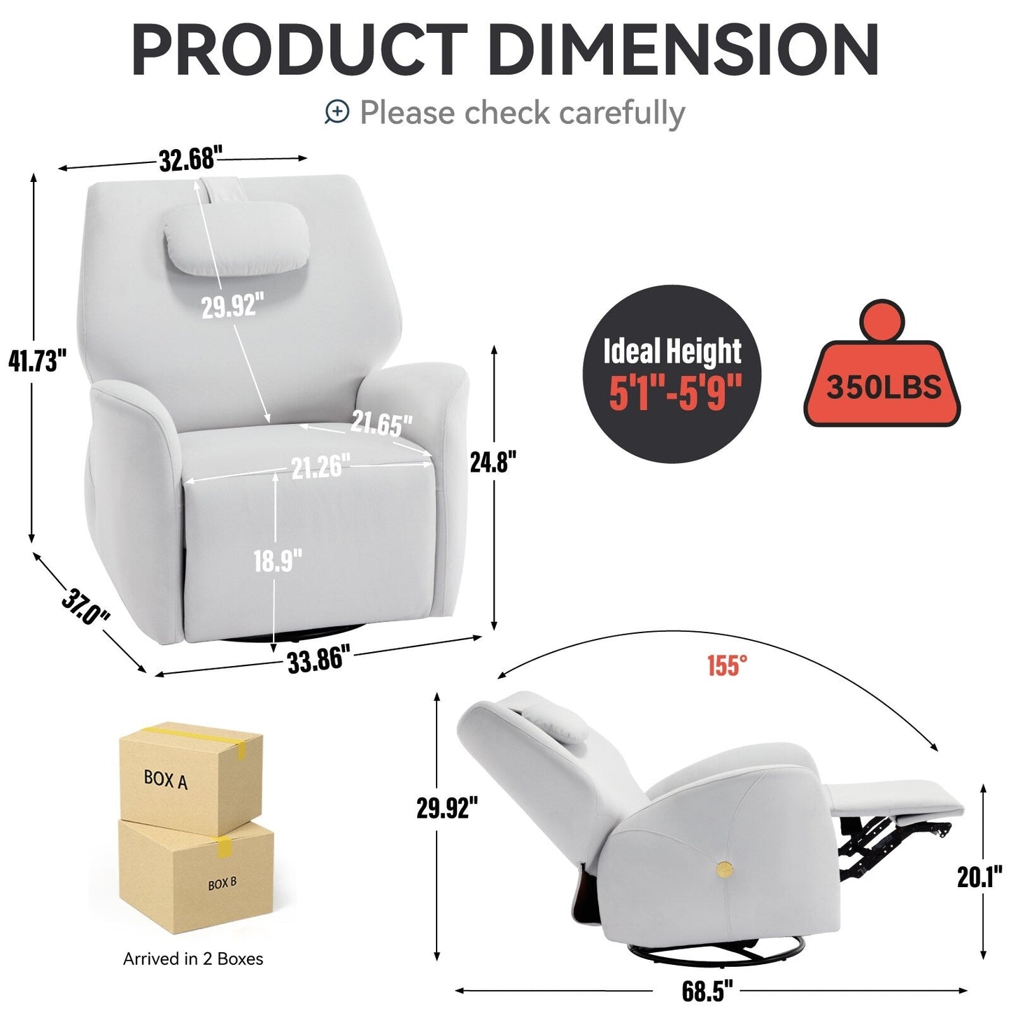 Poltrona reclinabile elettrica grigia con rotazione di 270° e porte di ricarica USB