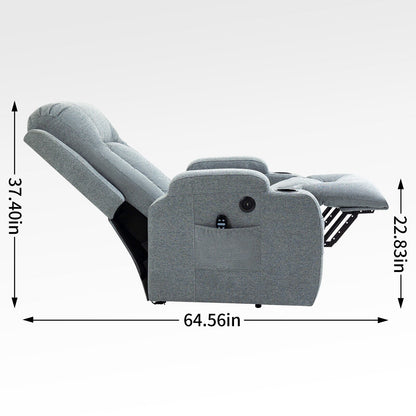 Poltrona reclinabile elettrica grigia adatta agli anziani con massaggio e calore, ricarica USB, portabicchieri e reclinazione regolabile