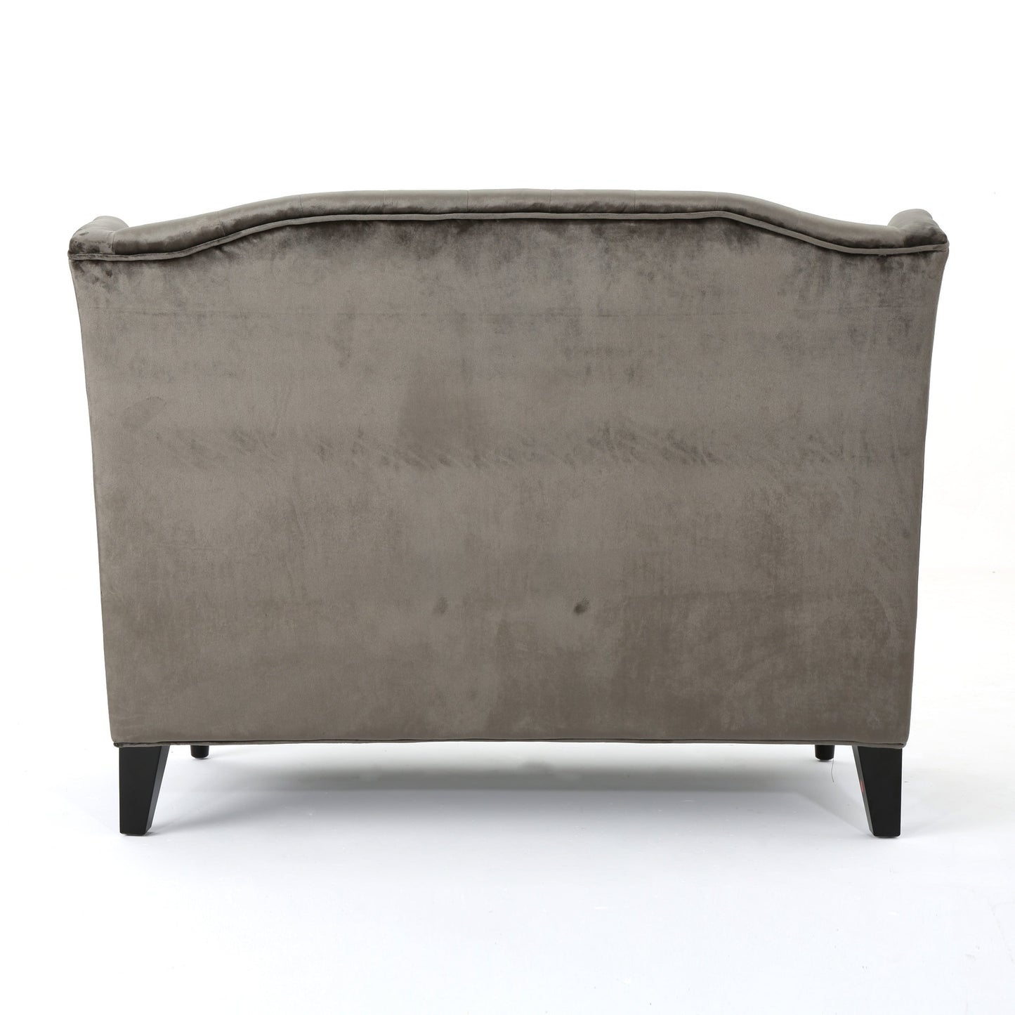 Divano a due posti con schienale alto e bottoni trapuntati in velluto grigio