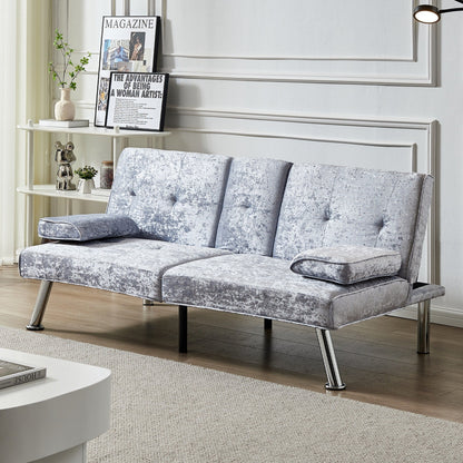 Divano letto futon in velluto grigio con portabicchieri