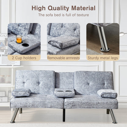Divano letto futon in velluto grigio con portabicchieri